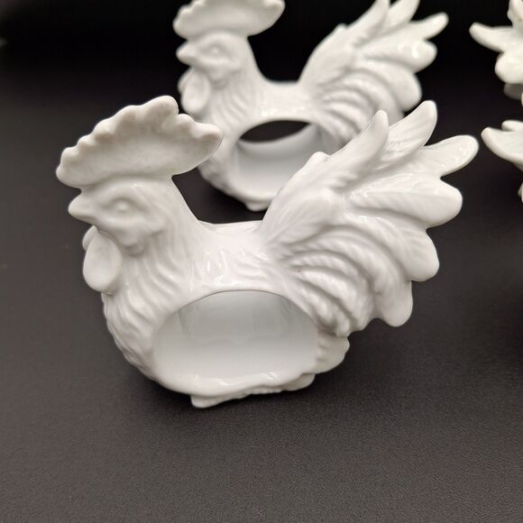Unique Rooster Large Comb Large Plummage Napkin Rings White Porcelain Set Of 4 - Picture 5 of 13
